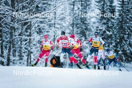 05.12.2021, Lillehammer, Norway (NOR): Denis Spitsov (RUS), Simen Hegstad Krueger (NOR), Artem Maltsev (RUS), Hans Christer Holund (NOR), Leo Johansson (SWE), Remi Lindholm (FIN), (l-r)  - FIS world cup cross-country, 4x7.5km men, Lillehammer (NOR). www.nordicfocus.com. © Modica/NordicFocus. Every downloaded picture is fee-liable.