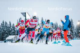05.12.2021, Lillehammer, Norway (NOR): Alexey Chervotkin (RUS), Erik Valnes (NOR), Hugo Lapalus (FRA), (l-r)  - FIS world cup cross-country, 4x7.5km men, Lillehammer (NOR). www.nordicfocus.com. © Modica/NordicFocus. Every downloaded picture is fee-liable.