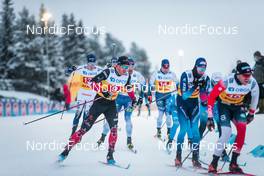 05.12.2021, Lillehammer, Norway (NOR): Fredrik Andersson (SWE), Russell Kennedy (CAN), Lauri Vuorinen (FIN), Beda Klee (SUI), Erik Valnes (NOR), (l-r)  - FIS world cup cross-country, 4x7.5km men, Lillehammer (NOR). www.nordicfocus.com. © Modica/NordicFocus. Every downloaded picture is fee-liable.