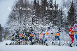 05.12.2021, Lillehammer, Norway (NOR): Yevgeniy Velichko (KAZ), Paal Golberg (NOR), Hunter Wonders (USA), Fredrik Jonsson (SWE), Fredrik Andersson (SWE), Lauri Vuorinen (FIN), Kamil Bury (POL), (l-r)  - FIS world cup cross-country, 4x7.5km men, Lillehammer (NOR). www.nordicfocus.com. © Modica/NordicFocus. Every downloaded picture is fee-liable.