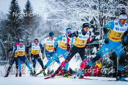 05.12.2021, Lillehammer, Norway (NOR): Gus Schumacher (USA), Candide Pralong (SUI), Friedrich Moch (GER), Juuso Haarala (FIN), Stefano Gardener (ITA), Olivier Leveille (CAN), Clement Parisse (FRA), (l-r)  - FIS world cup cross-country, 4x7.5km men, Lillehammer (NOR). www.nordicfocus.com. © Modica/NordicFocus. Every downloaded picture is fee-liable.
