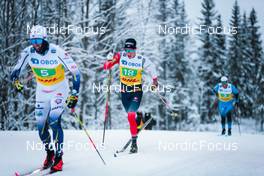 05.12.2021, Lillehammer, Norway (NOR): Calle Halfvarsson (SWE), Martin Loewstroem Nyenget (NOR), Maurice Manificat (FRA), (l-r)  - FIS world cup cross-country, 4x7.5km men, Lillehammer (NOR). www.nordicfocus.com. © Modica/NordicFocus. Every downloaded picture is fee-liable.