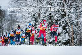 05.12.2021, Lillehammer, Norway (NOR): Kamil Bury (POL), Beda Klee (SUI), Luke Jager (USA), Jean Gaillard (Marc), Jonas Dobler (GER), Alexander Terentev (RUS), Alexey Chervotkin (RUS), Erik Valnes (NOR), (l-r)  - FIS world cup cross-country, 4x7.5km men, Lillehammer (NOR). www.nordicfocus.com. © Modica/NordicFocus. Every downloaded picture is fee-liable.