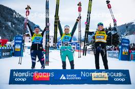 12.12.2021, Davos, Switzerland (SUI): Jessie Diggins (USA), Therese Johaug (NOR), Frida Karlsson (SWE), (l-r) - FIS world cup cross-country, 10km women, Davos (SUI). www.nordicfocus.com. © Modica/NordicFocus. Every downloaded picture is fee-liable.