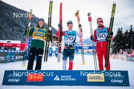 12.12.2021, Davos, Switzerland (SUI): Johannes Hoesflot Klaebo (NOR), Simen Hegstad Krueger (NOR), Sergey Ustiugov (RUS), (l-r) - FIS world cup cross-country, 15km men, Davos (SUI). www.nordicfocus.com. © Modica/NordicFocus. Every downloaded picture is fee-liable.