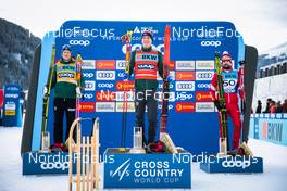12.12.2021, Davos, Switzerland (SUI): Johannes Hoesflot Klaebo (NOR), Simen Hegstad Krueger (NOR), Sergey Ustiugov (RUS), (l-r) - FIS world cup cross-country, 15km men, Davos (SUI). www.nordicfocus.com. © Modica/NordicFocus. Every downloaded picture is fee-liable.
