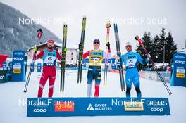 11.12.2021, Davos, Switzerland (SUI): Sergey Ustiugov (RUS), Johannes Klaebo (NOR), Richard Jouve (FRA), (l-r) - FIS world cup cross-country, individual sprint, Davos (SUI). www.nordicfocus.com. © Modica/NordicFocus. Every downloaded picture is fee-liable.