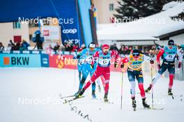 11.12.2021, Davos, Switzerland (SUI): Richard Jouve (FRA), Sergey Ustiugov (RUS), Johannes Klaebo (NOR), Erik Valnes (NOR), (l-r)  - FIS world cup cross-country, individual sprint, Davos (SUI). www.nordicfocus.com. © Modica/NordicFocus. Every downloaded picture is fee-liable.