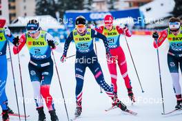 11.12.2021, Davos, Switzerland (SUI): Tiril Udnes Weng (NOR), Hailey Swirbul (USA), Hristina Matsokina (RUS), Mathilde Myhrvold (NOR), (l-r)  - FIS world cup cross-country, individual sprint, Davos (SUI). www.nordicfocus.com. © Modica/NordicFocus. Every downloaded picture is fee-liable.