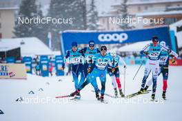 11.12.2021, Davos, Switzerland (SUI): Roman Schaad (SUI), Janik Riebli (SUI), Renaud Jay (FRA), Johan Haeggstroem (SWE), Sindre Bjoernestad Skar (NOR), (l-r)  - FIS world cup cross-country, individual sprint, Davos (SUI). www.nordicfocus.com. © Modica/NordicFocus. Every downloaded picture is fee-liable.