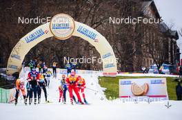 18.12.2021, Dresden, Germany (GER): Anze Gros (SLO), Oskar Svensson (SWE), Jovian Hediger (SUI) - FIS world cup cross-country, individual sprint, Dresden (GER). www.nordicfocus.com. © Tumashov/NordicFocus. Every downloaded picture is fee-liable.