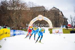 18.12.2021, Dresden, Germany (GER): Gleb Retivykh (RUS), James Clugnet (GBR), Renaud Jay (FRA), Lucas Chanavat (FRA), Michael Hellweger (ITA), Lauri Vuorinen (FIN), (l-r) - FIS world cup cross-country, individual sprint, Dresden (GER). www.nordicfocus.com. © Tumashov/NordicFocus. Every downloaded picture is fee-liable.