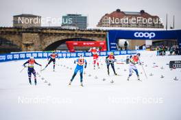 18.12.2021, Dresden, Germany (GER): Jessie Diggins (USA), Lena Quintin (FRA), Moa Lundgren (SWE), (l-r) - FIS world cup cross-country, individual sprint, Dresden (GER). www.nordicfocus.com. © Tumashov/NordicFocus. Every downloaded picture is fee-liable.