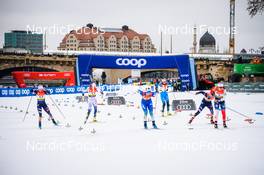 18.12.2021, Dresden, Germany (GER): Jessie Diggins (USA), Moa Lundgren (SWE), Eva Urevc (SLO), Lena Quintin (FRA), Hannah Halvorsen (USA), Mathilde Myhrvold (NOR), (l-r) - FIS world cup cross-country, individual sprint, Dresden (GER). www.nordicfocus.com. © Tumashov/NordicFocus. Every downloaded picture is fee-liable.