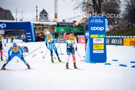 18.12.2021, Dresden, Germany (GER): Federico Pellegrino (ITA), Lucas Chanavat (FRA), Haavard Solaas Taugboel (NOR), (l-r) - FIS world cup cross-country, individual sprint, Dresden (GER). www.nordicfocus.com. © Tumashov/NordicFocus. Every downloaded picture is fee-liable.