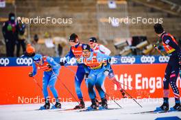 19.12.2021, Dresden, Germany (GER): Francesco De Fabiani (ITA), Jovian Hediger (SUI), Richard Jouve (FRA), (l-r) - FIS world cup cross-country, team sprint, Dresden (GER). www.nordicfocus.com. © Tumashov/NordicFocus. Every downloaded picture is fee-liable.