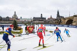19.12.2021, Dresden, Germany (GER): Logan Hanneman (USA-II), Gleb Retivykh (RUS), Valerio Grond (SUI), Lucas Chanavat (FRA), (l-r) - FIS world cup cross-country, team sprint, Dresden (GER). www.nordicfocus.com. © Tumashov/NordicFocus. Every downloaded picture is fee-liable.