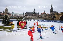19.12.2021, Dresden, Germany (GER): Hristina Matsokina (RUS), Jessie Diggins (USA), Eva Urevc (SLO), Jonna Sundling (SWE), Magni Smedaas (NOR-II), (l-r) - FIS world cup cross-country, team sprint, Dresden (GER). www.nordicfocus.com. © Tumashov/NordicFocus. Every downloaded picture is fee-liable.