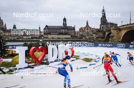19.12.2021, Dresden, Germany (GER): Jasmin Kahara (FIN), Hristina Matsokina (RUS), Eva Urevc (SLO), Jonna Sundling (SWE), Magni Smedaas (NOR-II), (l-r) - FIS world cup cross-country, team sprint, Dresden (GER). www.nordicfocus.com. © Tumashov/NordicFocus. Every downloaded picture is fee-liable.