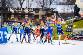 19.12.2021, Dresden, Germany (GER): Anni Alakoski (FIN-II), Lena Quintin (FRA), Julia Kern (USA), Sofie Krehl (GER-II), Anamarija Lampic (SLO), Julie Myhre (NOR-II), (l-r) - FIS world cup cross-country, team sprint, Dresden (GER). www.nordicfocus.com. © Tumashov/NordicFocus. Every downloaded picture is fee-liable.