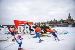 19.12.2021, Dresden, Germany (GER): Kristine Stavaas Skistad (NOR), Jonna Sundling (SWE), Eva Urevc (SLO), Jessie Diggins (USA), Hristina Matsokina (RUS), (l-r) - FIS world cup cross-country, team sprint, Dresden (GER). www.nordicfocus.com. © Tumashov/NordicFocus. Every downloaded picture is fee-liable.