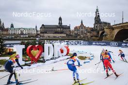 19.12.2021, Dresden, Germany (GER): Laura Gimmler (GER-II), Jasmin Kahara (FIN), Jessie Diggins (USA), Eva Urevc (SLO), Jonna Sundling (SWE), Magni Smedaas (NOR-II), (l-r) - FIS world cup cross-country, team sprint, Dresden (GER). www.nordicfocus.com. © Tumashov/NordicFocus. Every downloaded picture is fee-liable.