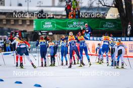 19.12.2021, Dresden, Germany (GER): Kristine Stavaas Skistad (NOR), Hannah Halvorsen (USA-II), Anne Winkler (GER), Laurien Van Der Graaff (SUI), Hailey Swirbul (USA-II), Lea Fischer (SUI), Jasmin Kahara (FIN), Mariel Merlii Pulles (EST), Kaidy Kaasiku (EST), (l-r) - FIS world cup cross-country, team sprint, Dresden (GER). www.nordicfocus.com. © Tumashov/NordicFocus. Every downloaded picture is fee-liable.
