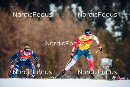 28.12.2021, Lenzerheide, Switzerland (SUI): Johannes Hoesflot Klaebo (NOR), Logan Hanneman (USA), (l-r)  - FIS world cup cross-country, tour de ski, individual sprint, Lenzerheide (SUI). www.nordicfocus.com. © Modica/NordicFocus. Every downloaded picture is fee-liable.
