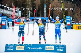 28.12.2021, Lenzerheide, Switzerland (SUI): Mathilde Myhrvold (NOR), Jessie Diggins (USA), Anamarija Lampic (SLO), (l-r)  - FIS world cup cross-country, tour de ski, individual sprint, Lenzerheide (SUI). www.nordicfocus.com. © Modica/NordicFocus. Every downloaded picture is fee-liable.