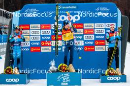 28.12.2021, Lenzerheide, Switzerland (SUI): Richard Jouve (FRA), Johannes Hoesflot Klaebo (NOR), Lucas Chanavat (FRA), (l-r) - FIS world cup cross-country, tour de ski, individual sprint, Lenzerheide (SUI). www.nordicfocus.com. © Modica/NordicFocus. Every downloaded picture is fee-liable.