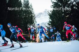 31.12.2021, Oberstdorf, Germany (GER): Lucas Boegl (GER), Artem Maltsev (RUS), Emil Iversen (NOR), Dario Cologna (SUI), Michal Novak (CZE), Perttu Hyvarinen (FIN), Alexey Chervotkin (RUS), (l-r)  - FIS world cup cross-country, tour de ski, mass men, Oberstdorf (GER). www.nordicfocus.com. © Modica/NordicFocus. Every downloaded picture is fee-liable.