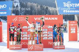 16.01.2021, Val di Fiemme, Italy (ITA): Lukas Greiderer (AUT), Johannes Lamparter (AUT), Eric Frenzel (GER), Fabian Riessle (GER), Eero Hirvonen (FIN), Ilkka Herola (FIN), (l-r) - FIS world cup nordic combined men, team sprint HS106/2x7.5km, Val di Fiemme (ITA). www.nordicfocus.com. © Modica/NordicFocus. Every downloaded picture is fee-liable.