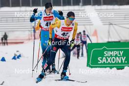 06.02.2021, Klingenthal, Germany (GER): Gael Blondeau (FRA), Wendelin Thannheimer (GER)(l-r)  - FIS world cup nordic combined men, individual gundersen HS140/10km, Klingenthal (GER). www.nordicfocus.com. © Volk/NordicFocus. Every downloaded picture is fee-liable.