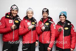 26.02.2021, Oberstdorf, Germany (GER): Lukas Greiderer (AUT), Mario Seidl (AUT), Lukas Klapfer (AUT), Johannes Lamparter (AUT), (l-r)  - FIS nordic world ski championships nordic combined men, medals, Oberstdorf (GER). www.nordicfocus.com. © Modica/NordicFocus. Every downloaded picture is fee-liable.