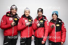 26.02.2021, Oberstdorf, Germany (GER): Lukas Greiderer (AUT), Mario Seidl (AUT), Lukas Klapfer (AUT), Johannes Lamparter (AUT), (l-r)  - FIS nordic world ski championships nordic combined men, medals, Oberstdorf (GER). www.nordicfocus.com. © Modica/NordicFocus. Every downloaded picture is fee-liable.