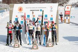 06.03.2021, Oberstdorf, Germany (GER): Espen Andersen (NOR), Jarl Magnus Riiber (NOR), Johannes Lamparter (AUT), Lukas Greiderer (AUT), Fabian Riessle (GER), Eric Frenzel (GER) - FIS nordic world ski championships nordic combined men, team sprint HS137/2x7.5km, Oberstdorf (GER). www.nordicfocus.com. © Modica/NordicFocus. Every downloaded picture is fee-liable.