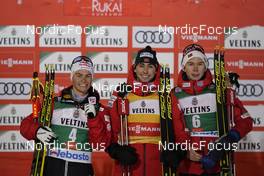 26.11.2021, Ruka, Finland (FIN): Johannes Lamparter (AUT), Jarl Magnus Riiber (NOR), Jens Luraas Oftebro (NOR), (l-r) - FIS world cup nordic combined men, individual gundersen HS142/5km, Ruka (FIN). www.nordicfocus.com. © Thibaut/NordicFocus. Every downloaded picture is fee-liable.