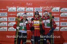 26.11.2021, Ruka, Finland (FIN): Johannes Lamparter (AUT), Jarl Magnus Riiber (NOR), Jens Luraas Oftebro (NOR), (l-r) - FIS world cup nordic combined men, individual gundersen HS142/5km, Ruka (FIN). www.nordicfocus.com. © Thibaut/NordicFocus. Every downloaded picture is fee-liable.