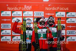 28.11.2021, Ruka, Finland (FIN): Johannes Lamparter (AUT), Jarl Magnus Riiber (NOR), Jens Luraas Oftebro (NOR), (l-r) - FIS world cup nordic combined men, individual gundersen HS142/10km, Ruka (FIN). www.nordicfocus.com. © Thibaut/NordicFocus. Every downloaded picture is fee-liable.