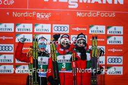28.11.2021, Ruka, Finland (FIN): Johannes Lamparter (AUT), Jarl Magnus Riiber (NOR), Jens Luraas Oftebro (NOR), (l-r) - FIS world cup nordic combined men, individual gundersen HS142/10km, Ruka (FIN). www.nordicfocus.com. © Thibaut/NordicFocus. Every downloaded picture is fee-liable.