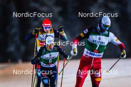 28.11.2021, Ruka, Finland (FIN): Terence Weber (GER), Manuel Faisst (GER), Lukas Greiderer (AUT), (l-r)  - FIS world cup nordic combined men, individual gundersen HS142/10km, Ruka (FIN). www.nordicfocus.com. © Thibaut/NordicFocus. Every downloaded picture is fee-liable.