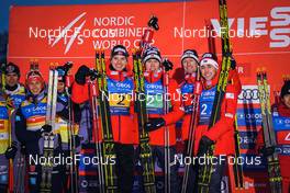 04.12.2021, Lillehammer, Norway (NOR): Joergen Graabak (NOR), Jens Luraas Oftebro (NOR), Espen Bjoernstad (NOR), Jarl Magnus Riiber (NOR), (l-r) - FIS world cup nordic combined men, team HS98/4x5km, Lillehammer (NOR). www.nordicfocus.com. © Thibaut/NordicFocus. Every downloaded picture is fee-liable.