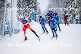 11.12.2021, Otepaeae, Estonia (EST): Martin Fritz (AUT), Antoine Gerard (FRA), Matteo Baud (FRA), Viacheslav Barkov (RUS), Gael Blondeau (FRA), (l-r)  - FIS world cup nordic combined men, Mass Start HS97/10km, Otepaeae (EST). www.nordicfocus.com. © Volk/NordicFocus. Every downloaded picture is fee-liable.