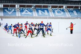 11.12.2021, Otepaeae, Estonia (EST): Kristjan Ilves (EST), Antoine Gerard (FRA), Mario Seidl (AUT), Jarl Magnus Riiber (NOR), Espen Bjoernstad (NOR), Johannes Lamparter (AUT), Fabian Riessle (GER), Eric Frenzel (GER), Ilkka Herola (FIN), (l-r)  - FIS world cup nordic combined men, Mass Start HS97/10km, Otepaeae (EST). www.nordicfocus.com. © Volk/NordicFocus. Every downloaded picture is fee-liable.