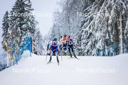 11.12.2021, Otepaeae, Estonia (EST): Ilkka Herola (FIN), Jarl Magnus Riiber (NOR), Eric Frenzel (GER), (l-r)  - FIS world cup nordic combined men, Mass Start HS97/10km, Otepaeae (EST). www.nordicfocus.com. © Volk/NordicFocus. Every downloaded picture is fee-liable.