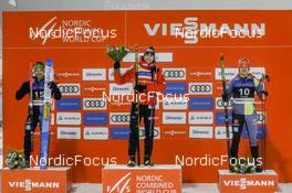 12.12.2021, Otepaeae, Estonia (EST): Fabian Riessle (GER), Jarl Magnus Riiber (NOR), Julian Schmid (GER), (l-r) - FIS world cup nordic combined men, individual gundersen HS97/10km, Otepaeae (EST). www.nordicfocus.com. © Volk/NordicFocus. Every downloaded picture is fee-liable.