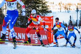18.12.2021, Ramsau, Austria (AUT): Fabio Obermeyr (AUT), Matteo Baud (FRA), Gael Blondeau (FRA), (l-r)  - FIS world cup nordic combined men, individual gundersen HS98/10km, Ramsau (AUT). www.nordicfocus.com. © Volk/NordicFocus. Every downloaded picture is fee-liable.