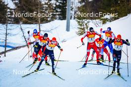 18.12.2021, Ramsau, Austria (AUT): Yoshito Watabe (JPN), Terence Weber (GER), Simen Tiller (NOR), Tomas Portyk (CZE), Julian Schmid (GER), (l-r)  - FIS world cup nordic combined men, individual gundersen HS98/10km, Ramsau (AUT). www.nordicfocus.com. © Volk/NordicFocus. Every downloaded picture is fee-liable.