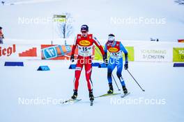 18.12.2021, Ramsau, Austria (AUT): Kasper Moen Flatla (NOR), Laurent Muhlethaler (FRA), (l-r)  - FIS world cup nordic combined men, individual gundersen HS98/10km, Ramsau (AUT). www.nordicfocus.com. © Volk/NordicFocus. Every downloaded picture is fee-liable.