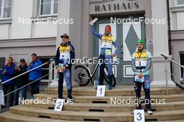 30.10.2021, Oberhof, Germany (GER): Terence Weber (GER), Johannes Rydzek (GER), Fabian Rießle (GER) (l-r)  - German Championships Nordic Combined, individual gundersen HS140/10km men, Oberhof (GER). www.nordicfocus.com. © Volk/NordicFocus. Every downloaded picture is fee-liable.